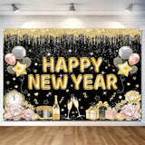 Happy New Year 2026 Banner Backdrop 7x5ft Black & Gold Party Decor