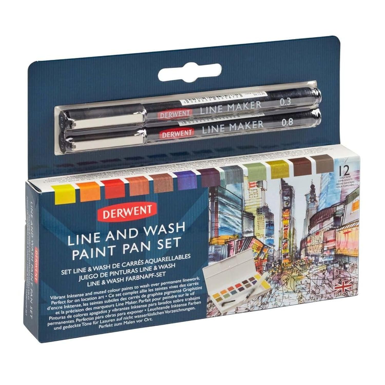 Derwent Line & Wash Paint Set, Professional Quality, Fine Line Pens, Inktense Colors, Art Supplies for Adults, Portable, Travel Set Includes 12 Paint Pans, 2 Line Makers, Mixing Palettes, Sponge