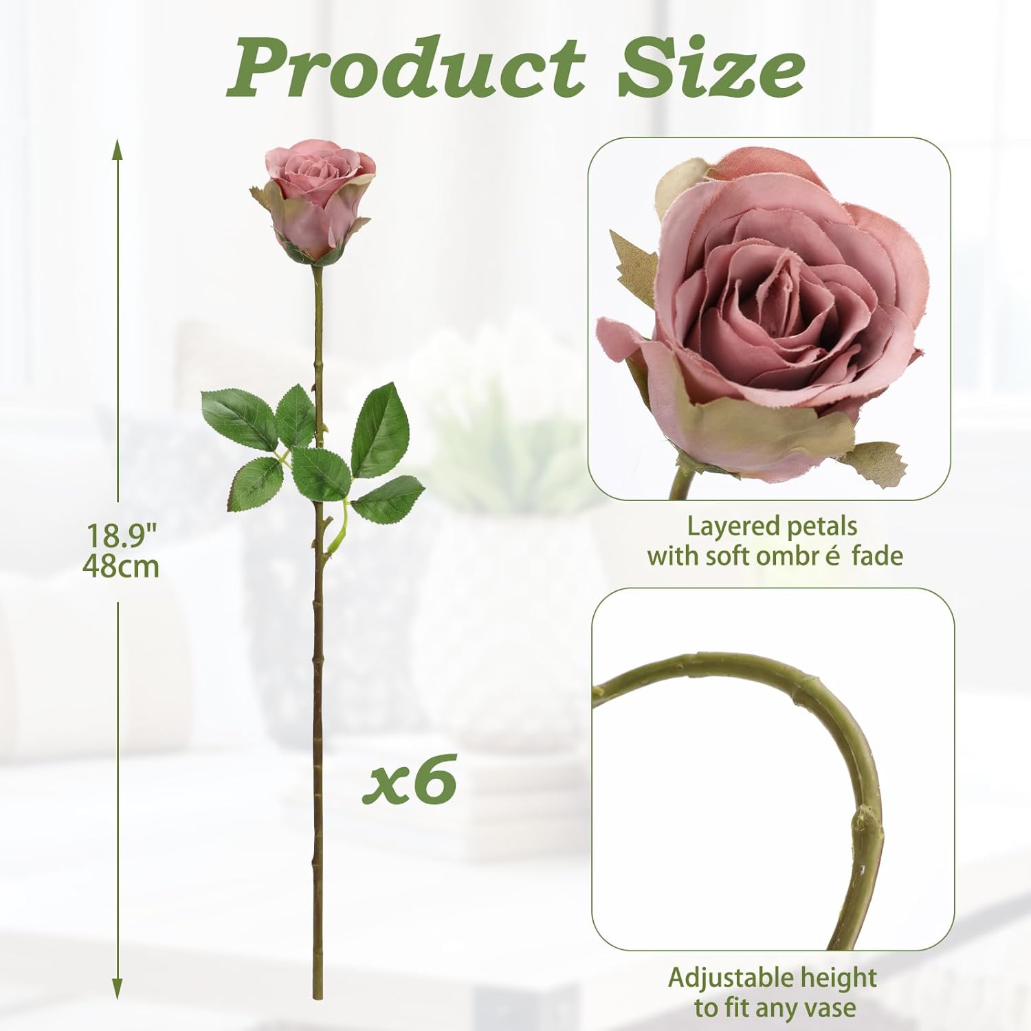 Dusty Roses Pink Artificial Flowers– 6Pcs 18.9" Faux Rose Silk Flowers With Long Stems Realistic Fake Rose Bouquet For Diy Wedding Arrangements Table Vase Centerpieces Home Event Decor