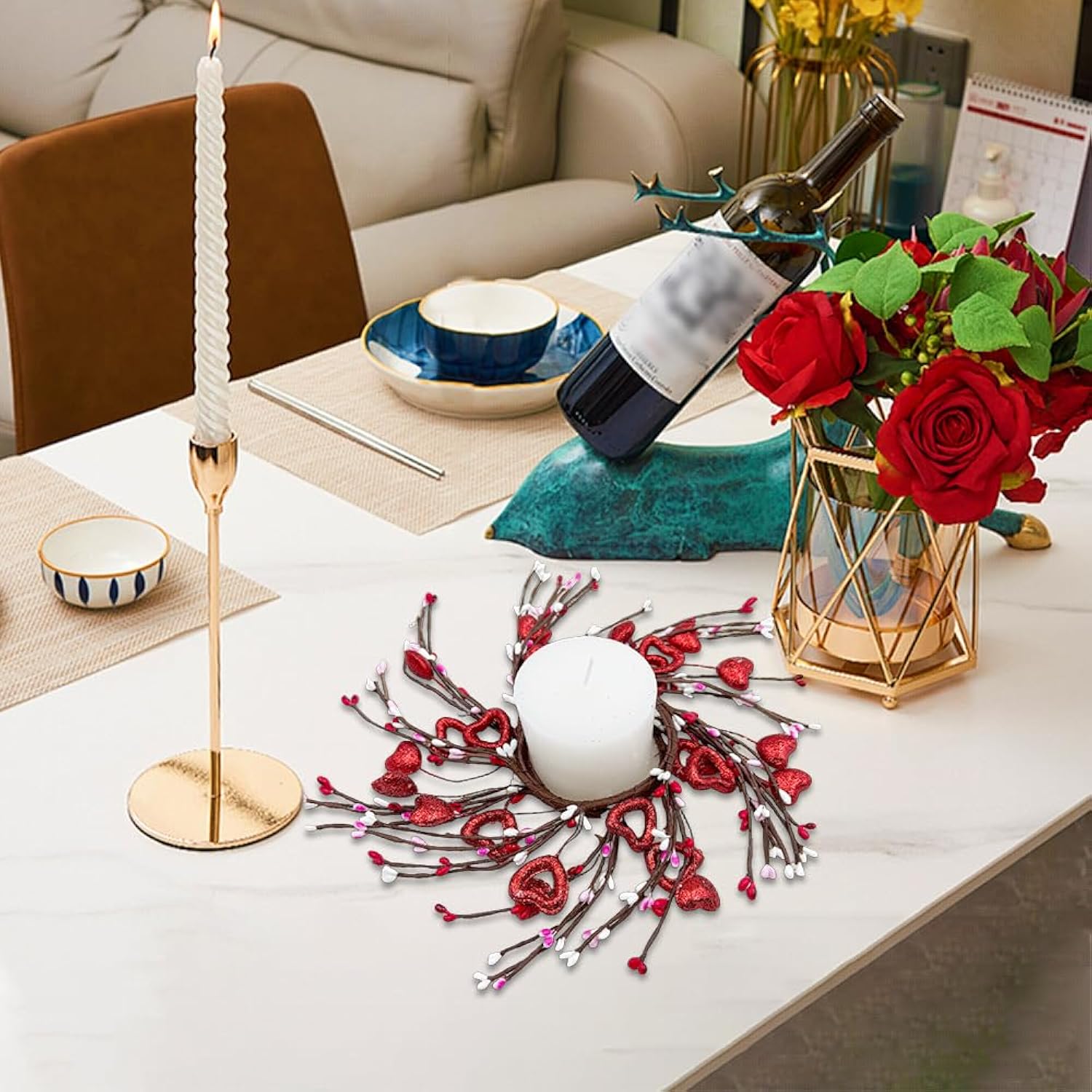 4 Pcs Glitter Red Heart And Berry Candle Wreath Holder Rings Pip Berry Candle Rings Mini Wreaths 4" Center For Christmas Wedding Windows Table Centerpieces (Red)