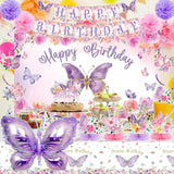 Butterfly Decorations, 37Pcs Happy Birthday Banner Balloons Honeycomb Centerpieces Cake Topper Kit, Purple And Pink Party Decorations