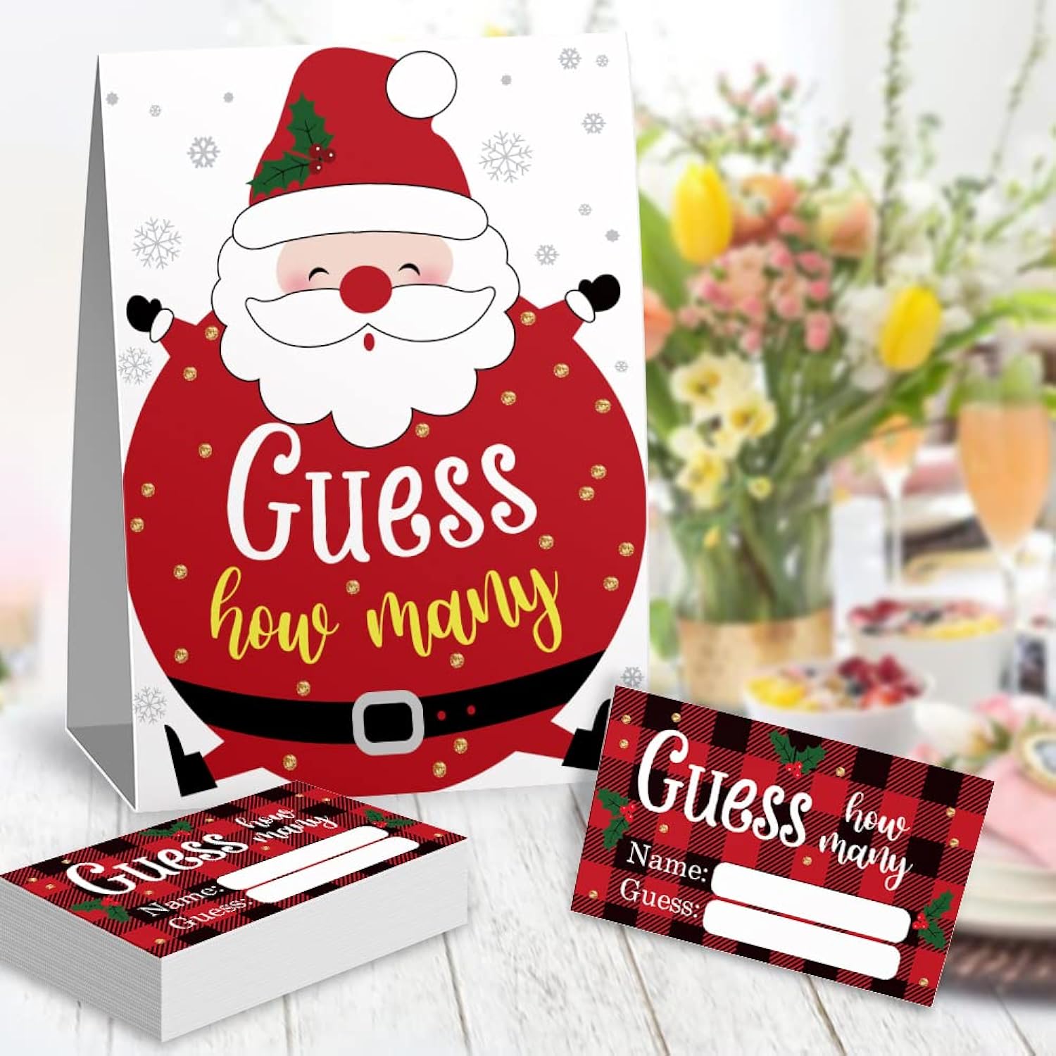 Guess How Many Christmas Theme Party Game Cards Kit (1 Standing Sign + 50 Guessing Cards), Funny Circular Santa Claus Theme Party Game Cards Festive Activity Party Raffle Insert Ticket