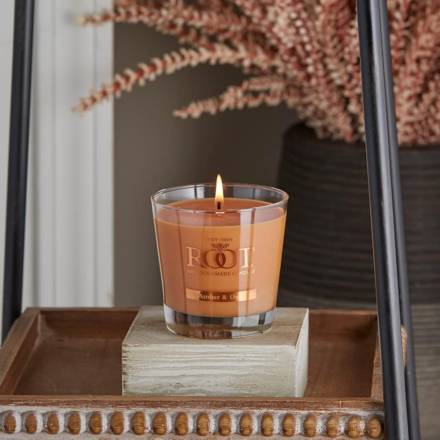 Root Candles Scented Candles Honeycomb Veriglass Premium Handcrafted Beeswax Blend Candle, Small, Amber & Oak