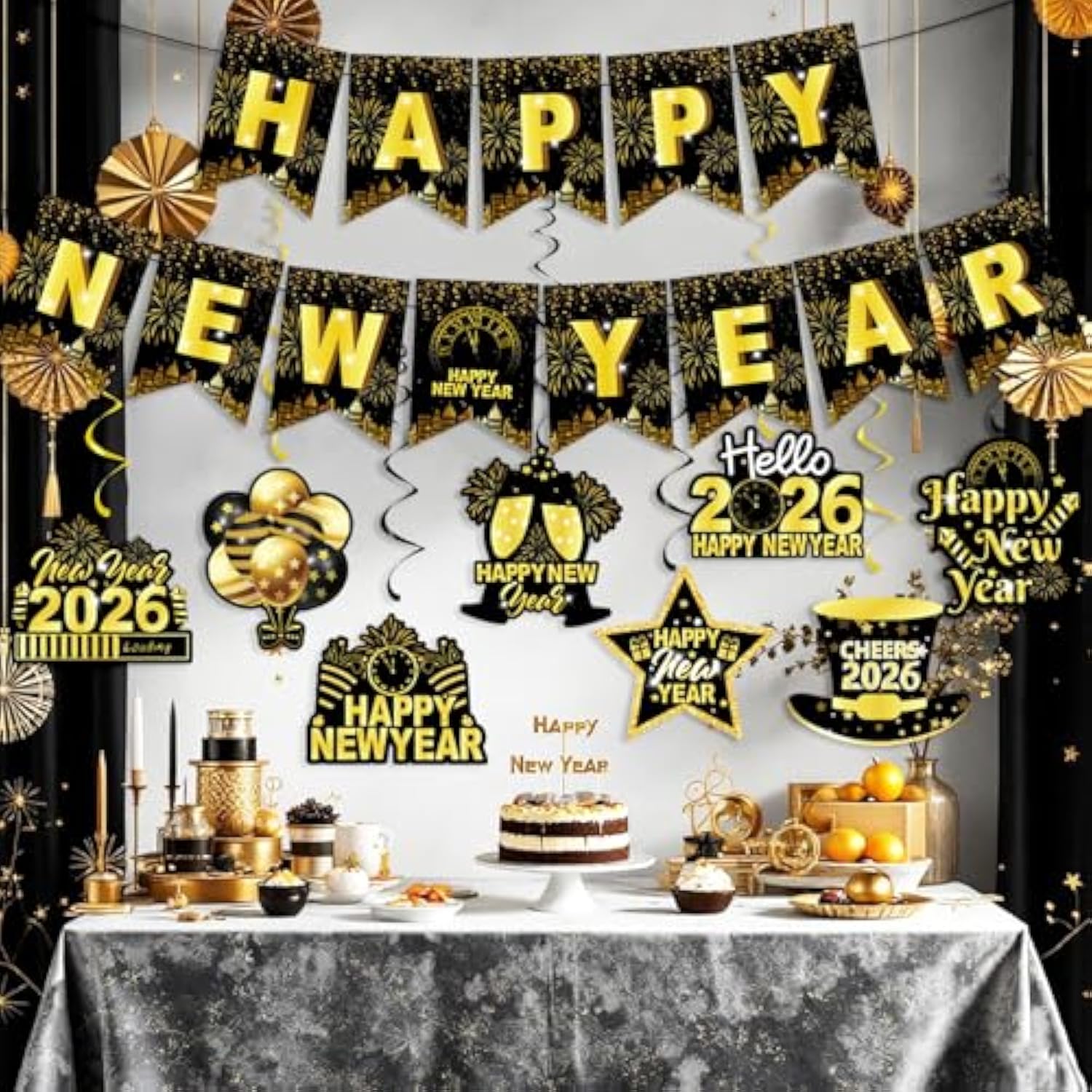 Happy New Year 2026 Black Gold Banner and Hanging Swirls Party Decorations