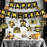 Happy New Year 2026 Black Gold Banner and Hanging Swirls Party Decorations