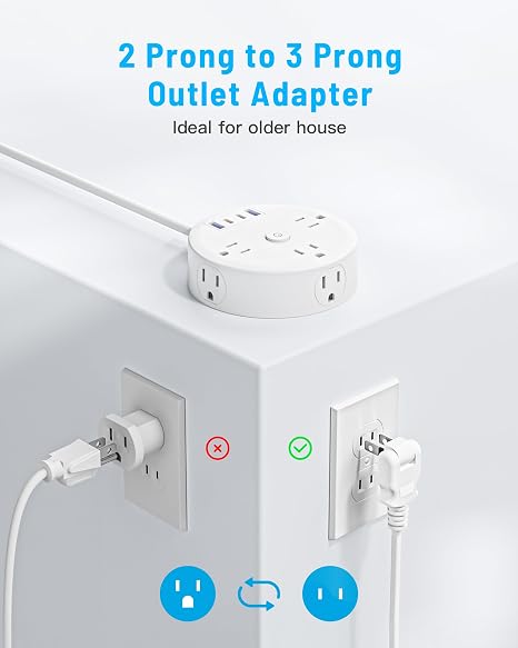 10FT 2 Prong Power Strip 2 Prong to 3 Prong Outlet Adapter