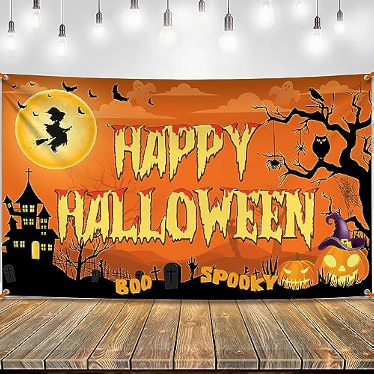 Spooky Happy Halloween Banner XL 72x44 Inch Orange Photo Backdrop for Party Decorations