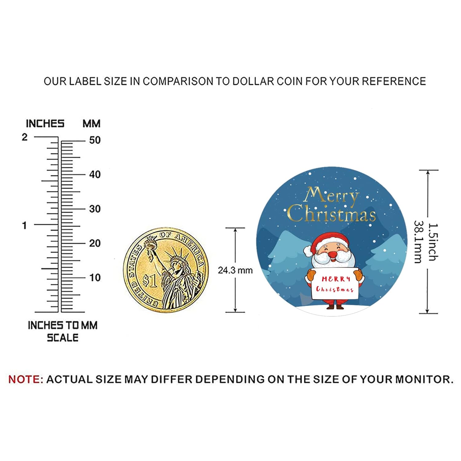 1.5" Merry Christmas Stickers, 4 Designs Xmas Self-Adhesive Label Roll For Gift Decorations & Envelope Seals