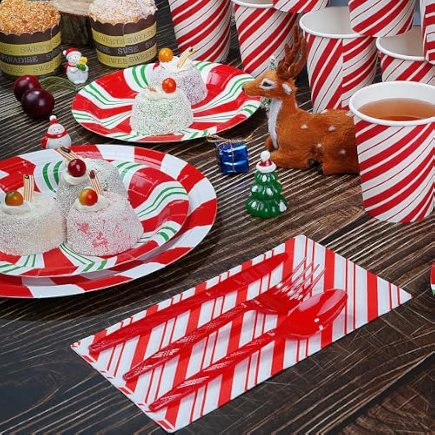 Candy Cane Party Plates Supplies - Peppermint Swirl Red Green Paper Plate Napkins Cup Knives Spoon Fork - Serve 50 For Christmas Holiday Party Decorations