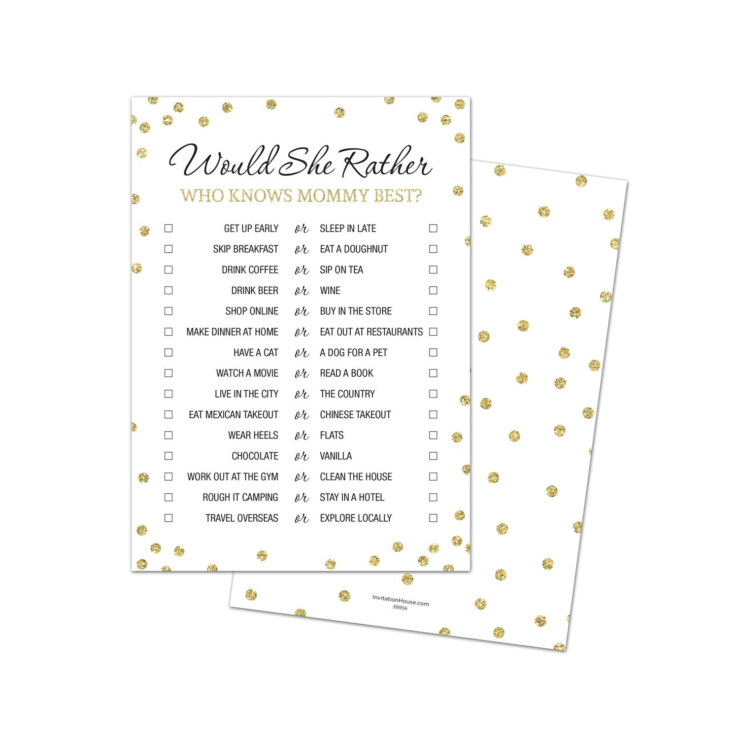 Would She Rather - Who Knows Mommy Best - Baby Shower Game - 24 Count (Faux Gold Glitter On White)