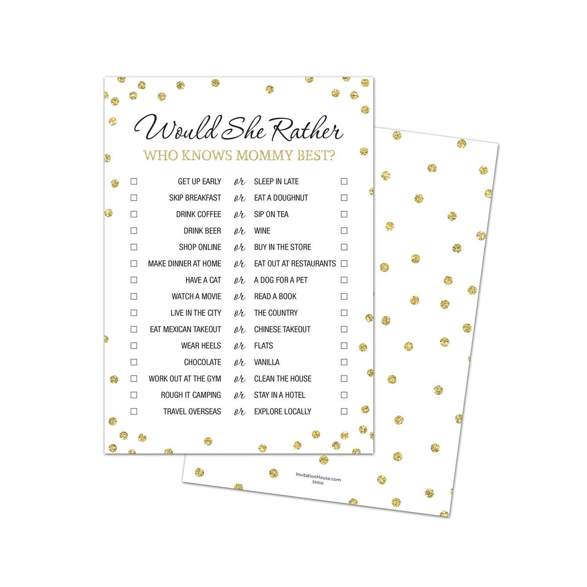 Would She Rather - Who Knows Mommy Best - Baby Shower Game - 24 Count (Faux Gold Glitter On White)