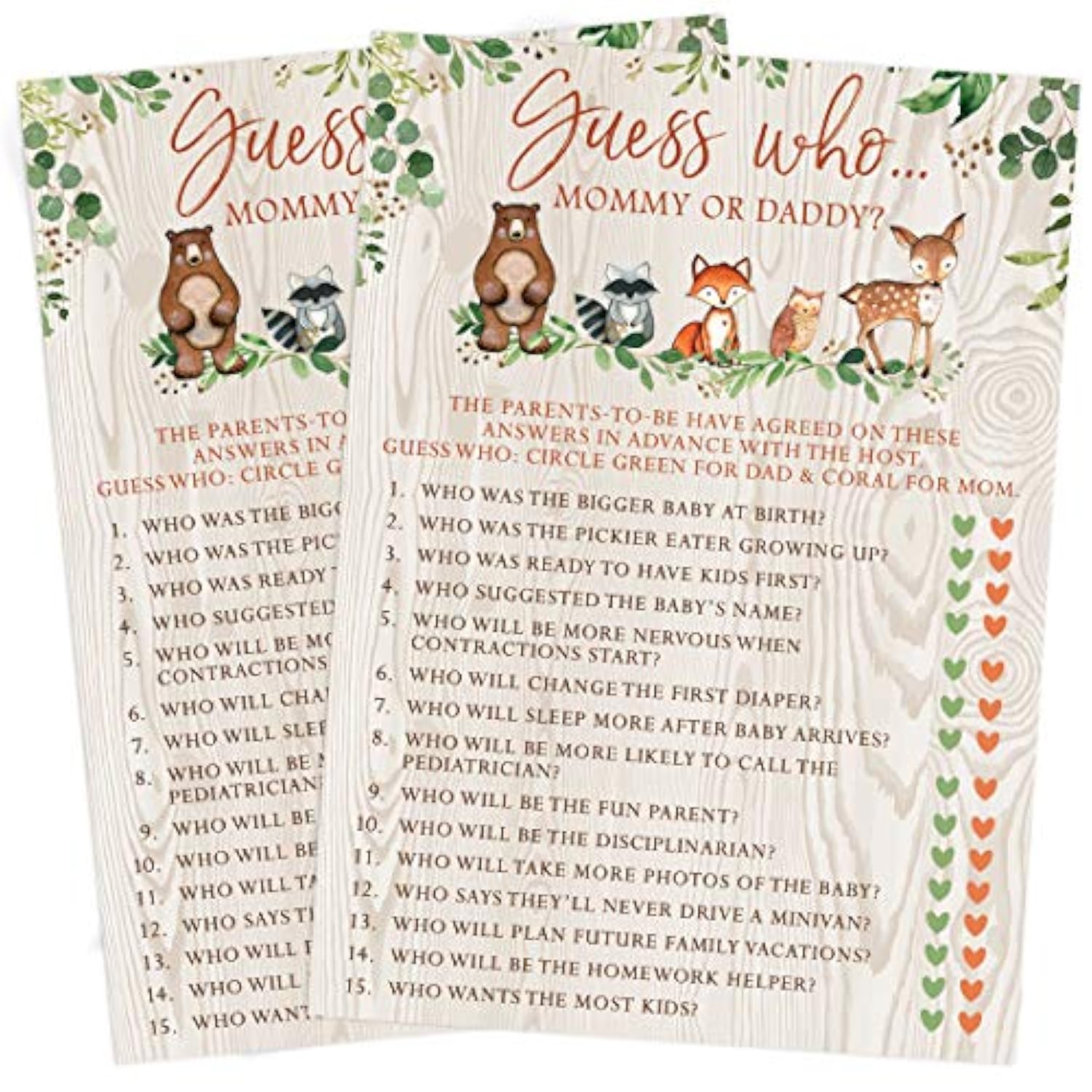 Baby Shower Games – Guess Who Mommy Or Daddy Game For Boy Or Girl, Woodland Forest Animals Theme, 50 Cards