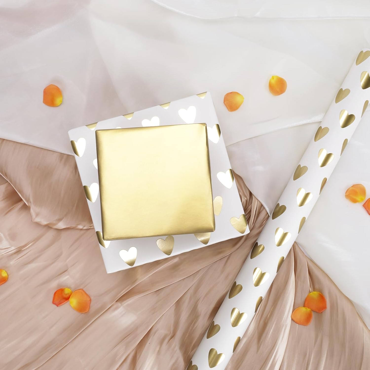 Reversible Valentines Wrapping Paper, Gift Wrapping Paper With Gold Heart On White Design, Perfect For Wedding, Birthday, Bridal Shower, Anniversaries, 17 Inch × 33 Feet