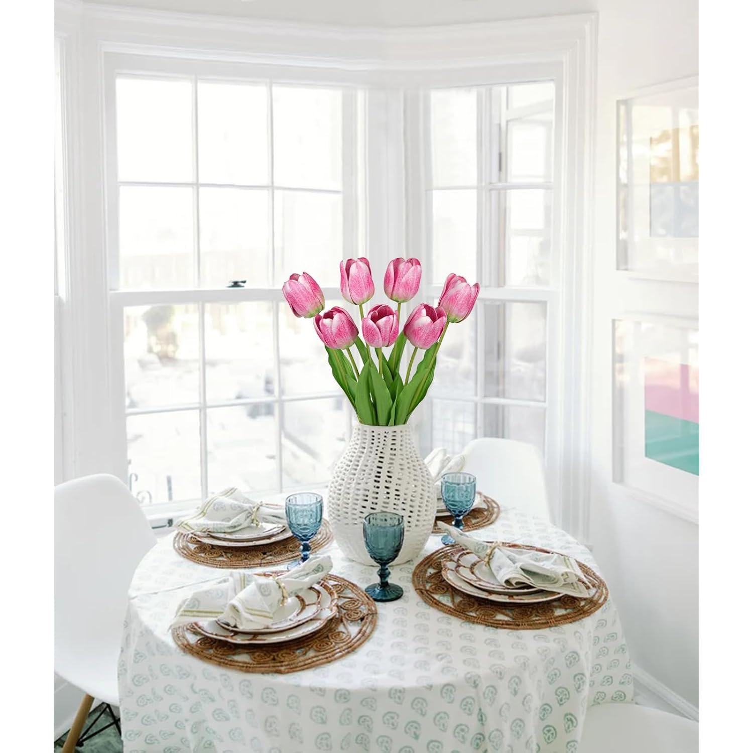 Artificial Tulips Flowers – 24" Long Stem Faux Tulips, 7Pcs Real Touch Fake Pink Tulip For Vase, Farmhouse, Kitchen, Spring & Wedding Home Decor