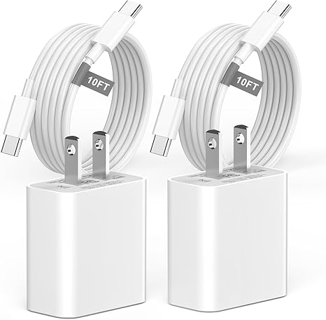 2 Pack 20W USB C Fast Wall Charger with 10FT USB C Cable for iPhone 15 16 17