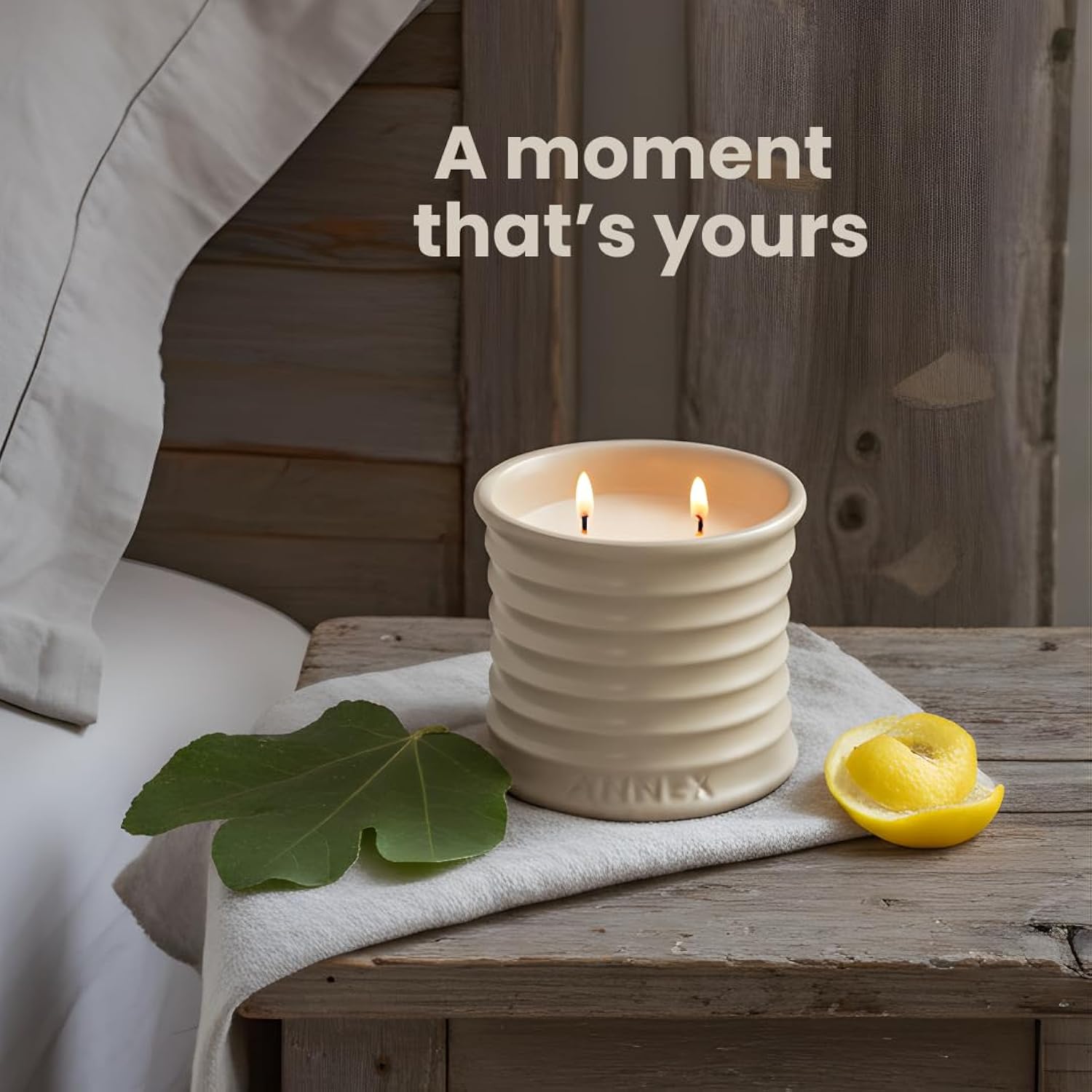 Fig Leaf & Lemon Luxury Scented Candle - 8Oz Handmade Beige Ceramic Jar Candle - 50Hr Clean Burn, 100% Non-Toxic Soy Wax, Home Fragrance, Aesthetic Decor Gift For Men Women - Amber & Sandalwood