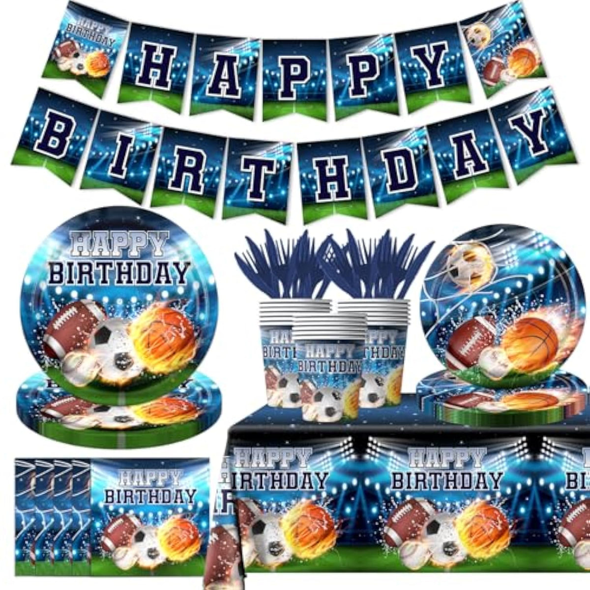 142Pcs Sports Party Supplies Set with Plates, Napkins, Tablecloth & Banner and All-Star Theme