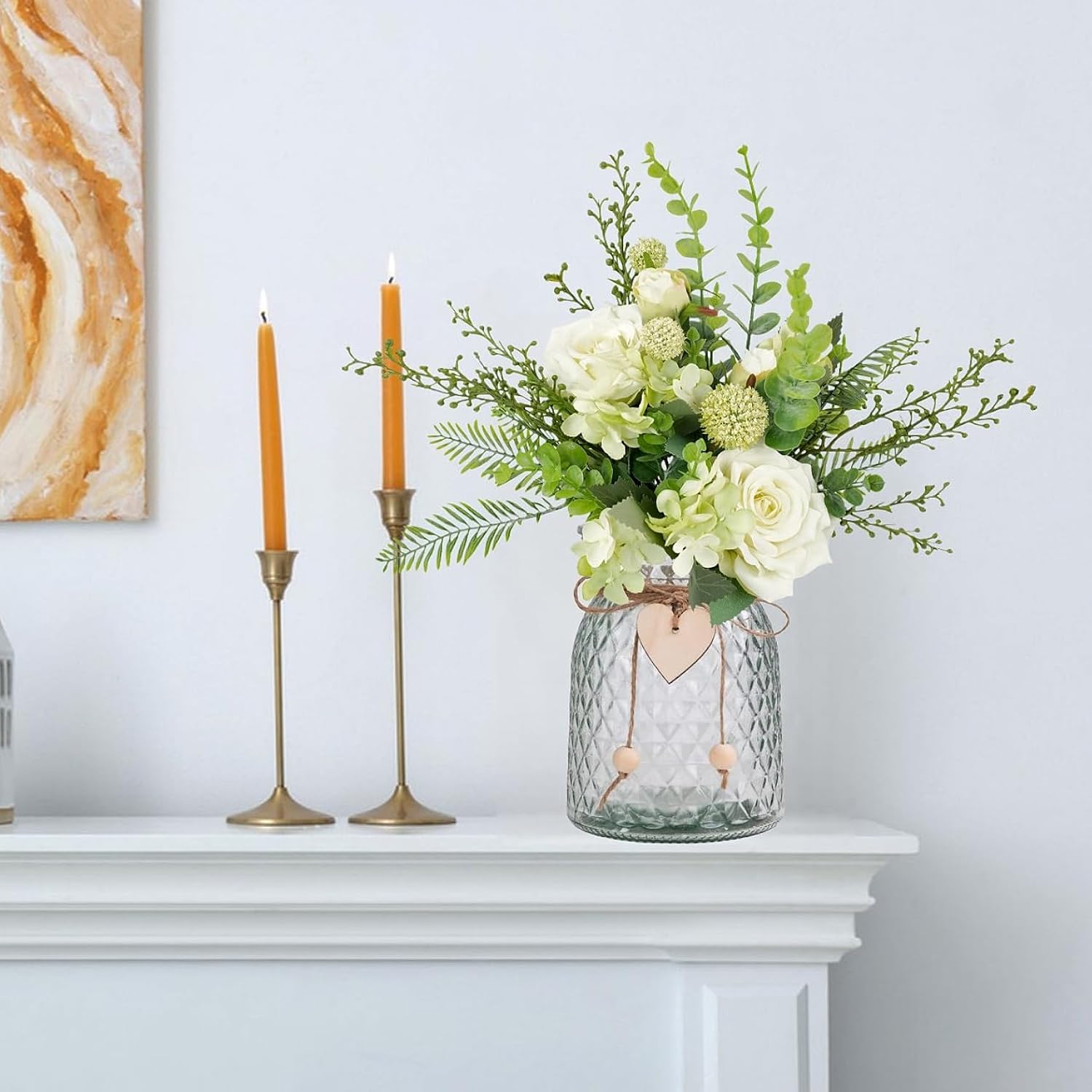 Artificial Flowers Plant With Vase, Faux Silk Roses Floral Hydrangea With Berry Fern Lveaves Decor In Vase, Table Centerpiece Decorations Wedding Bouquets For Party Office Farmhouse Kitchen Home Decor