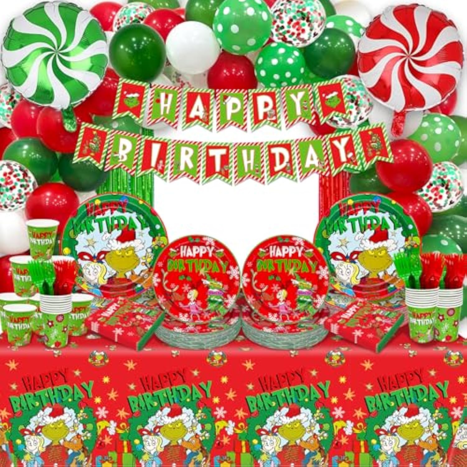 182Pcs Christmas Birthday Banner And Decorations - Green Monster Christmas Birthday Party Supplies With Bnaner, Paper Plates, Balloons, Tablecloth, Napkins, Forks Cups And Foil Curtains