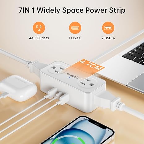 Flat Plug Power Strip 6 Outlets 3 USB Ports 6.5FT Extension Cord Charging Station White