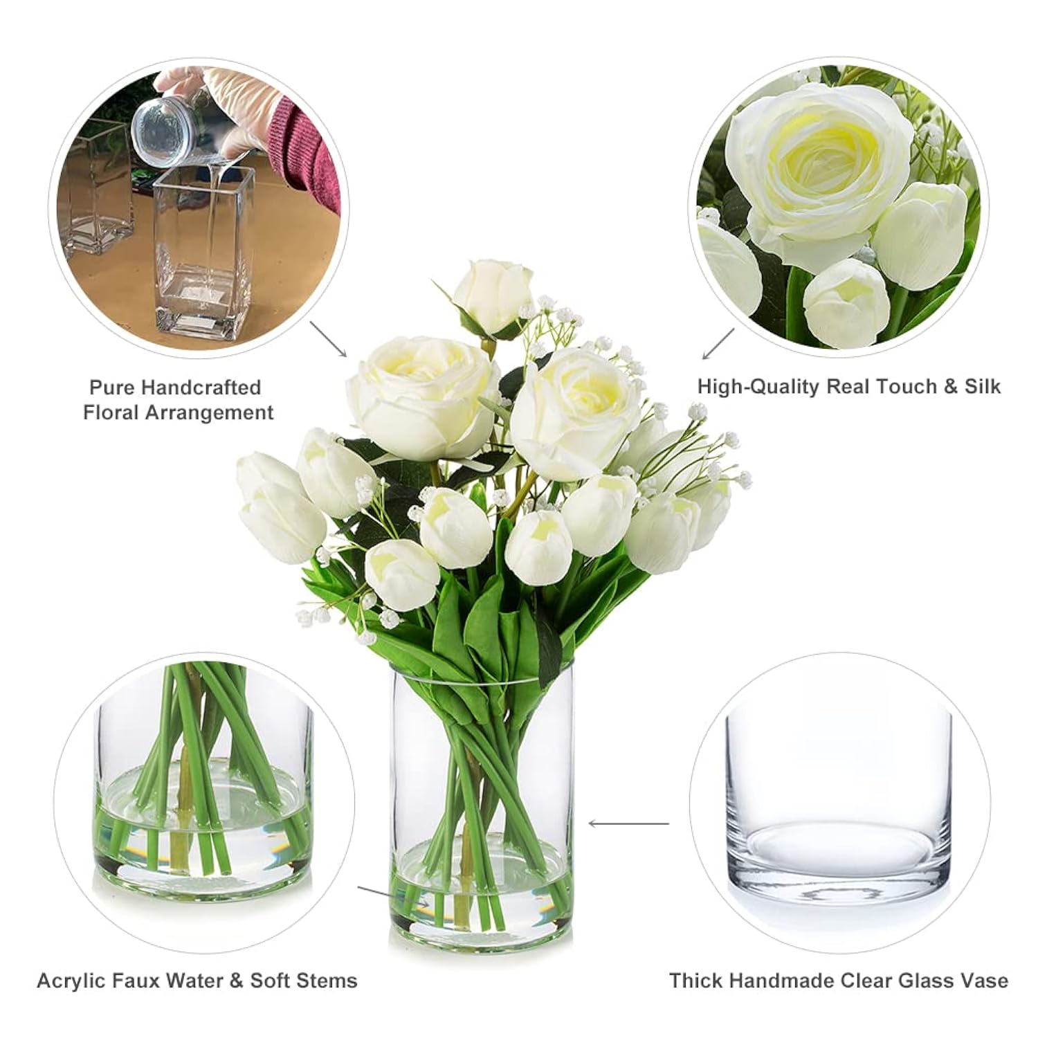 Mixed Rose Artificial Flowers And Tulips Flowers Real Touch In Glass Vase, Artificial Flowers In Vase With Faux Water For Dining Table Centerpieces, Wedding Event (White)