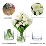 Mixed Rose Artificial Flowers And Tulips Flowers Real Touch In Glass Vase, Artificial Flowers In Vase With Faux Water For Dining Table Centerpieces, Wedding Event (White)