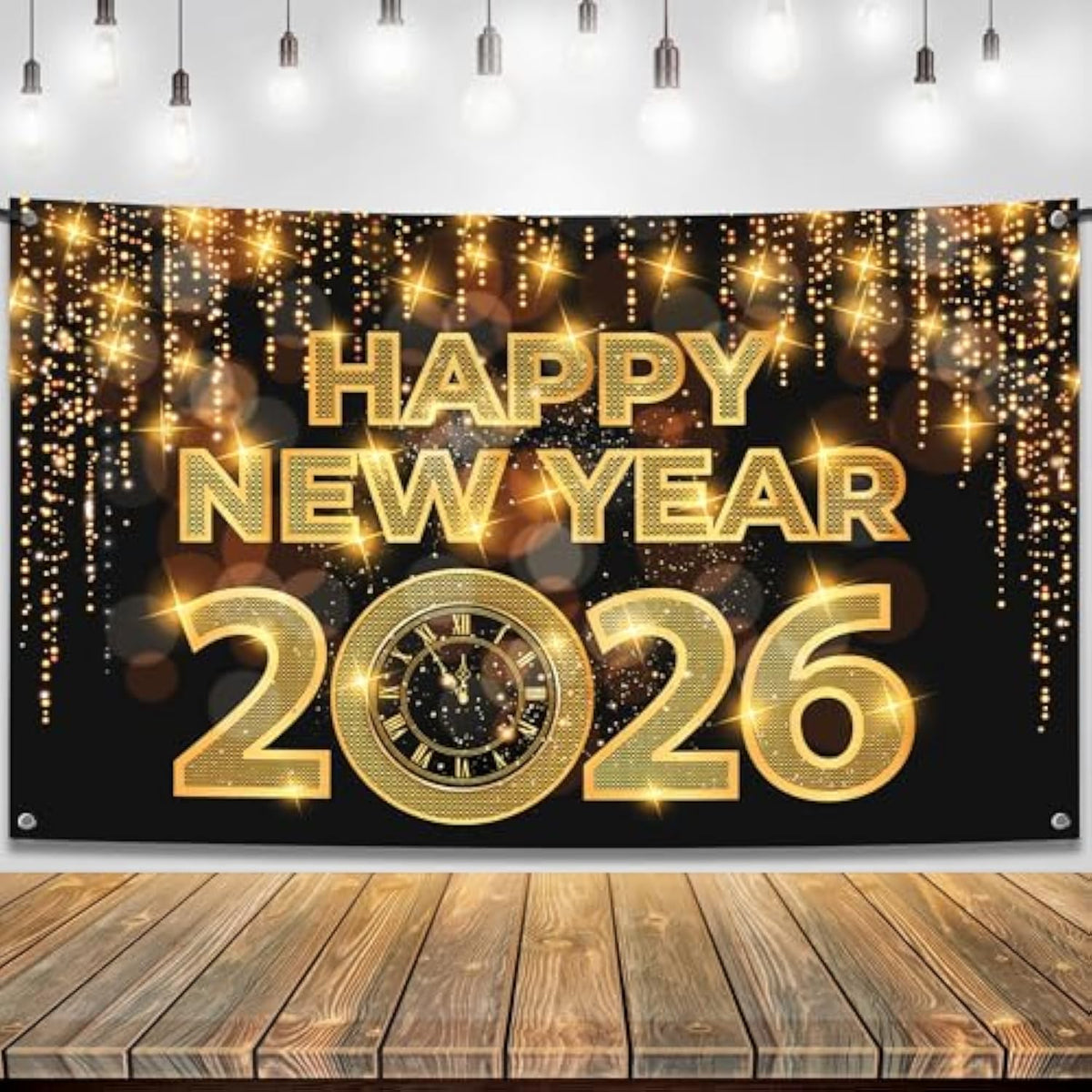 Extra Large 72x44 Inch Happy New Year 2026 Banner Gold & Black NYE Backdrop