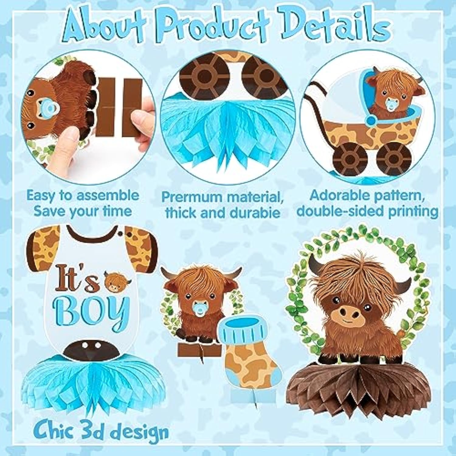 12Pcs Greenery Highland Cow Honeycomb Centerpieces Blue Highland Cattl