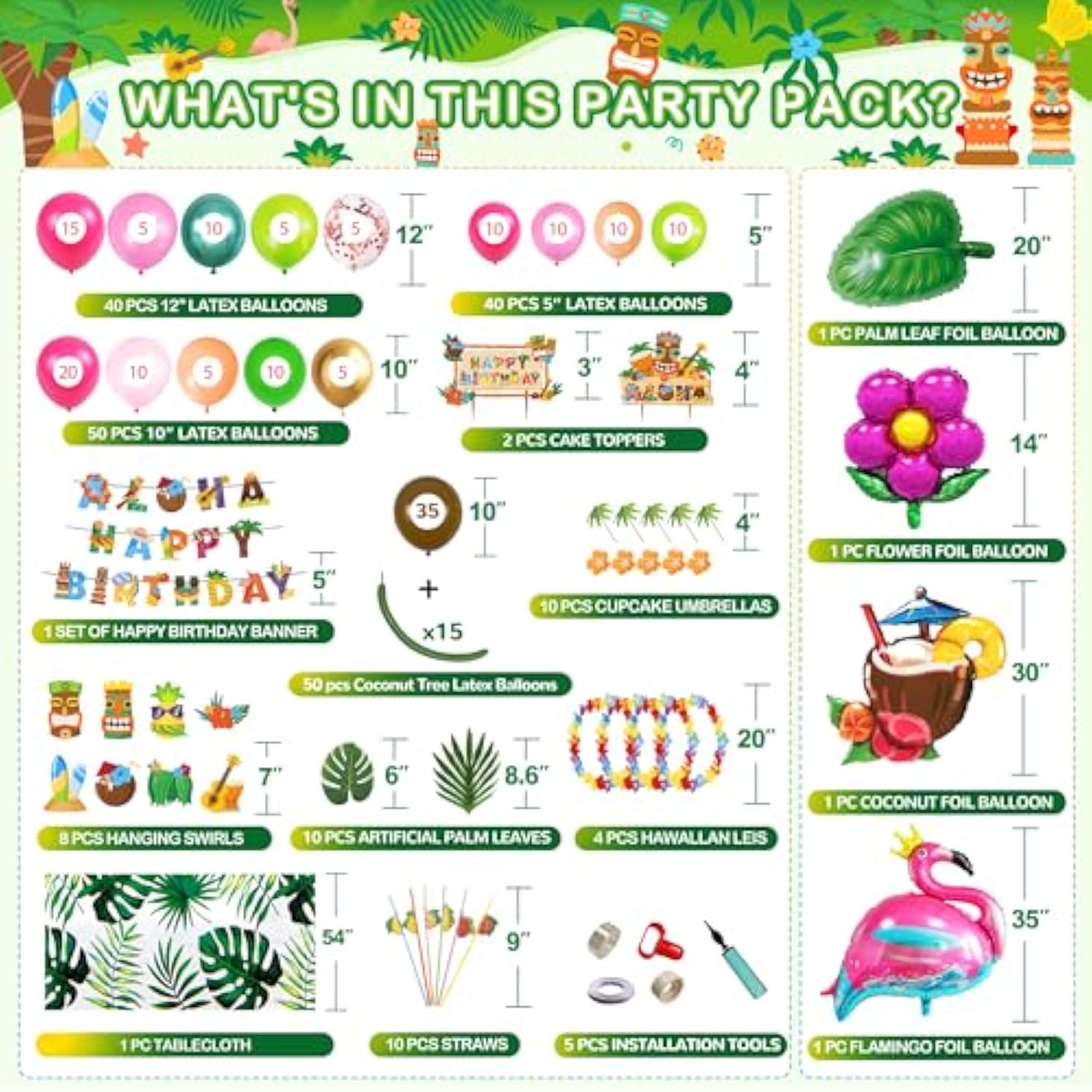 252 Pcs Luau Birthday Party Decorations, Hawaiian Party Decorations Pack, Tropical Party Supplies,Balloon Arch, "Aloha" "Happy Birthday" Banner, Artificial Leaves,Cake Topper, Table Skirt