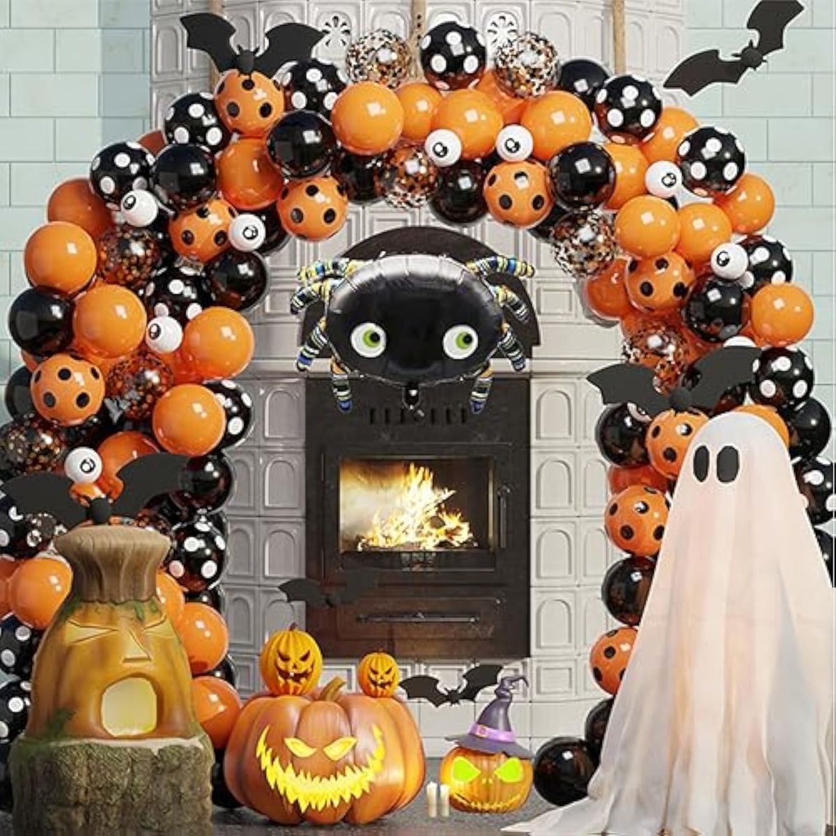 119pcs Halloween Balloon Arch Kit Orange Black Balloons with Eye Spider Party Decorations