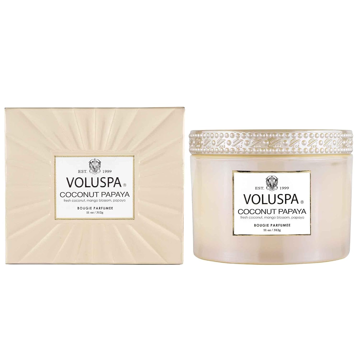 Voluspa Coconut Papaya, Corta Maison Boxed Candle, 11 oz, 45 Hour Burn Time, Coconut Wax for Clean Burning, Handcrafted in The USA
