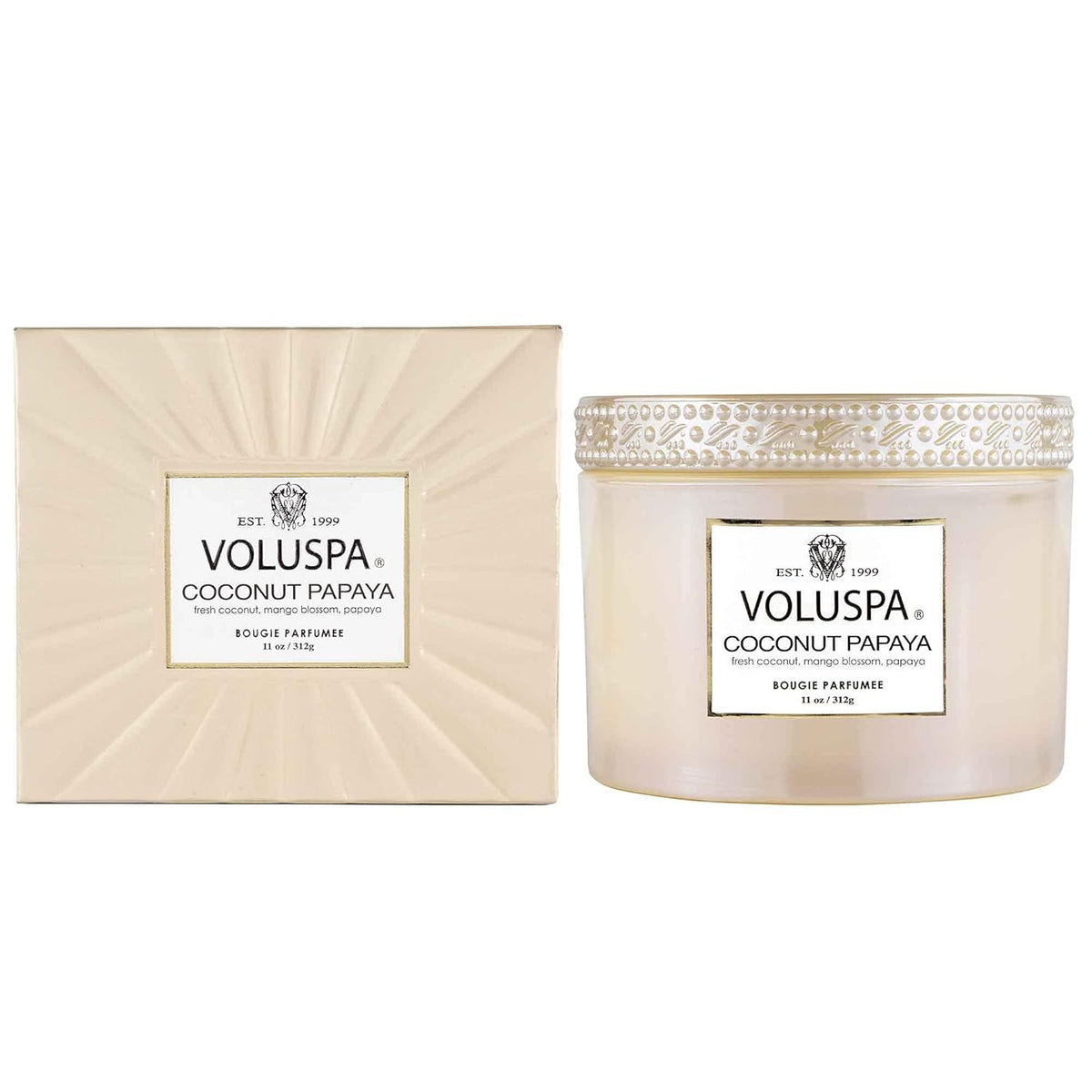 Voluspa Coconut Papaya, Corta Maison Boxed Candle, 11 oz, 45 Hour Burn Time, Coconut Wax for Clean Burning, Handcrafted in The USA