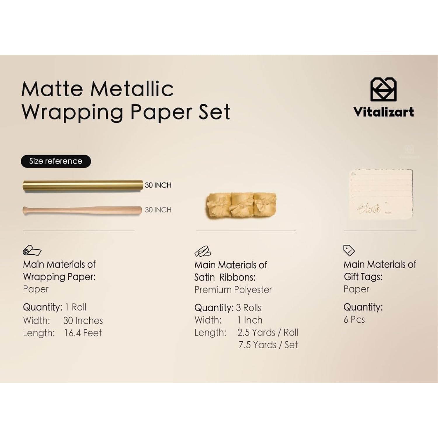 Gold Matte Metallic Wrapping Paper Set 30" With Silk Satin Ribbon & Gift Tags Christmas Gift Wrapping Birthday Baby Shower Wedding Bouquets Handmade Crafts 197"(16.4 Ft) Gold Ribbon