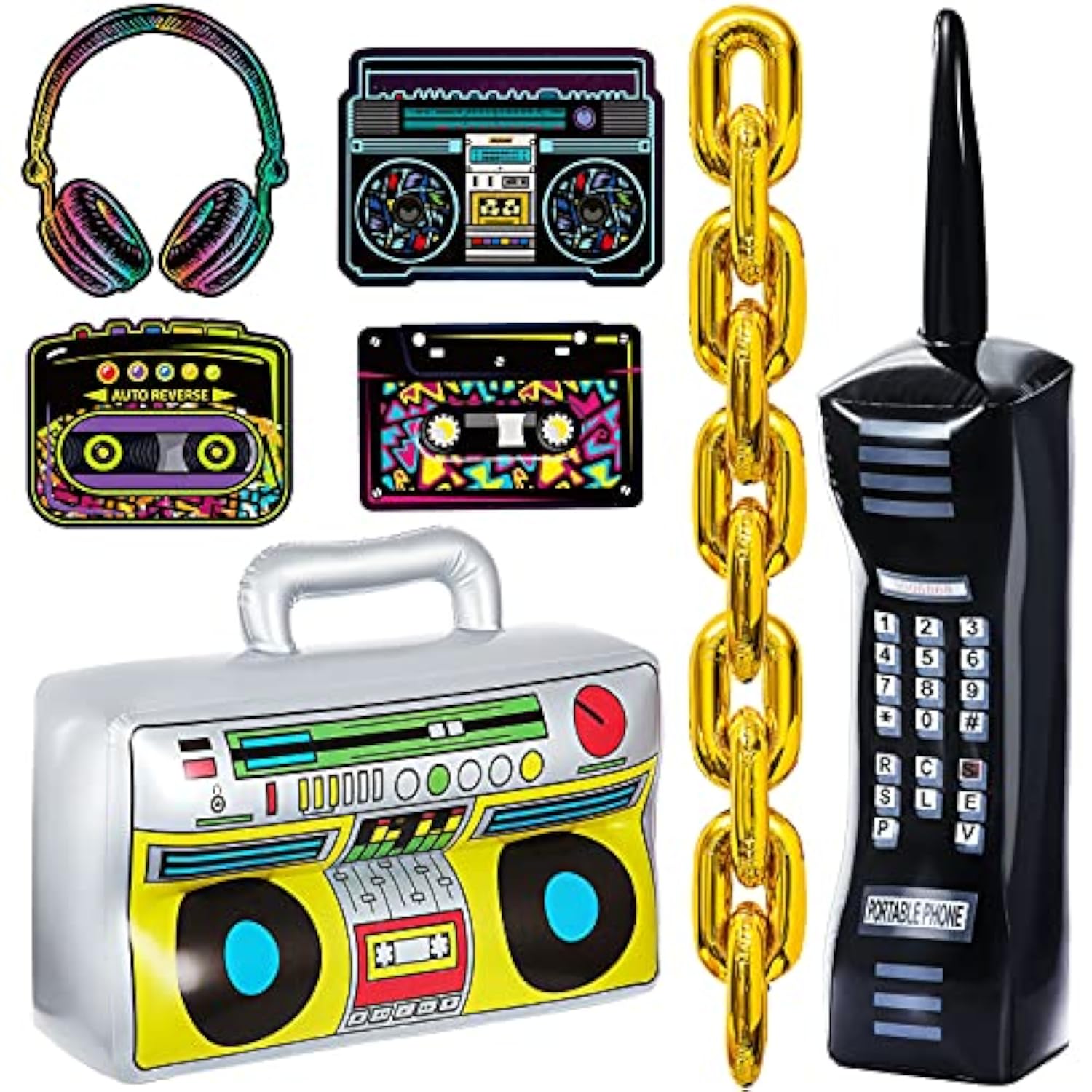 26Pcs 80s 90s Inflatable Boombox Phone Chain Balloons Retro Hip Hop Party Props