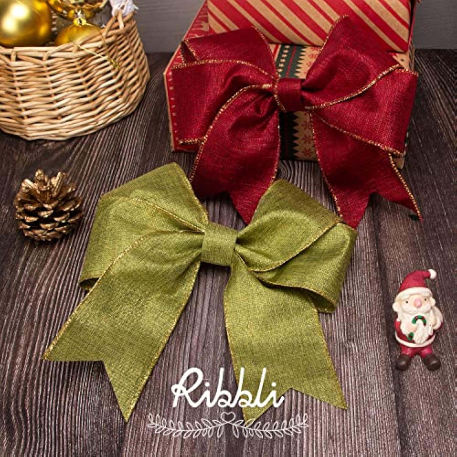 Metallic Sage Green Linen Wired Ribbon,2-1/2 Inch X Continuous 10 Yard,Sage Burlap Ribbon With Gold Edge,Christmas Ribbon For Wreaths,Big Bow,Gift Wrapping, Christmas Tree Decoration