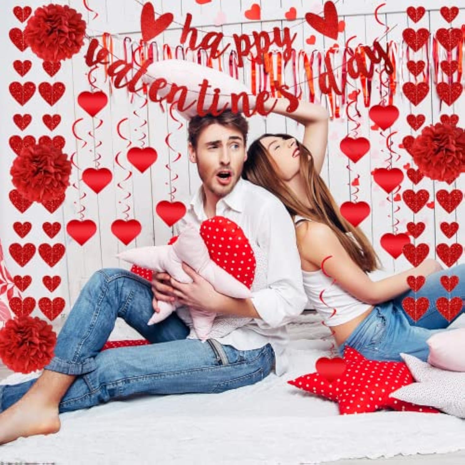 22Pcs Valentine'S Day Decorations Set Pre-Assembled Hanging Heart Swirls Happy Valentine'S Day Love Heart Garlands Banner For Home Classroom Office Wedding Party Anniversary (Red)