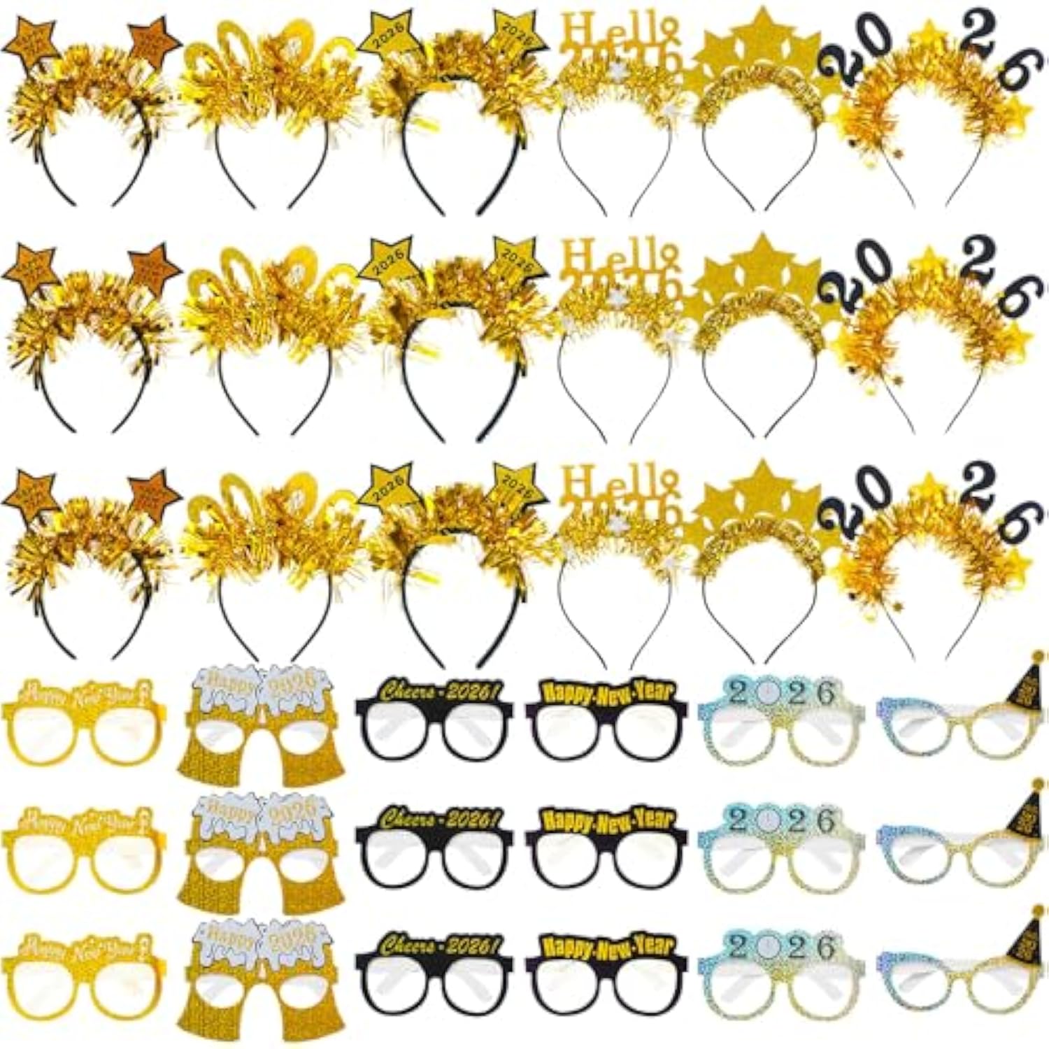 36pcs New Year 2026 Glasses and Black Gold Headbands Party Favors