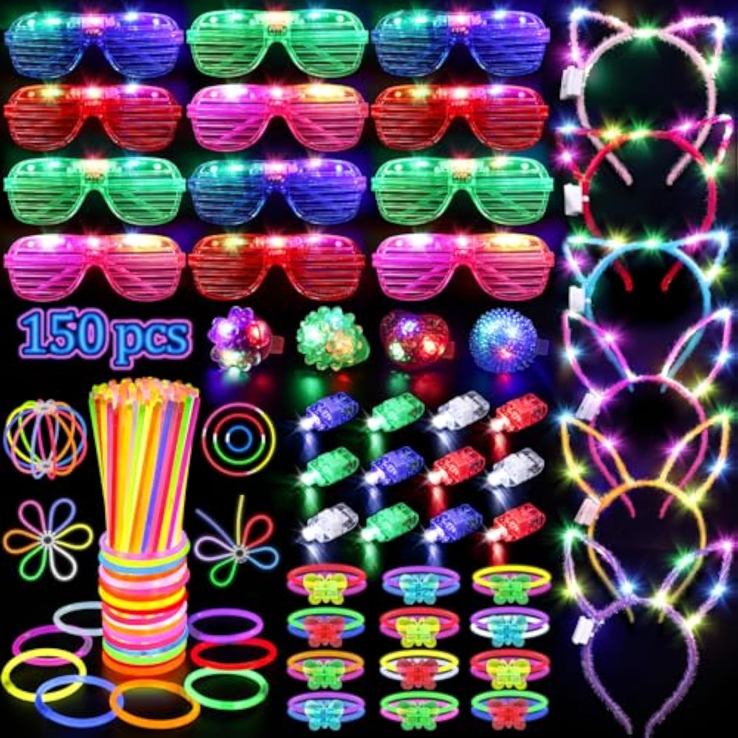 150Pcs Glow In The Dark Party Supplies For Kids Adults, Light Up Party Favors With Light Up Glasses, Headband, Rings, 100 Glow Sticks Bulk Party Pack Diy Glow Necklaces Bracelets, Neon Party Supplies