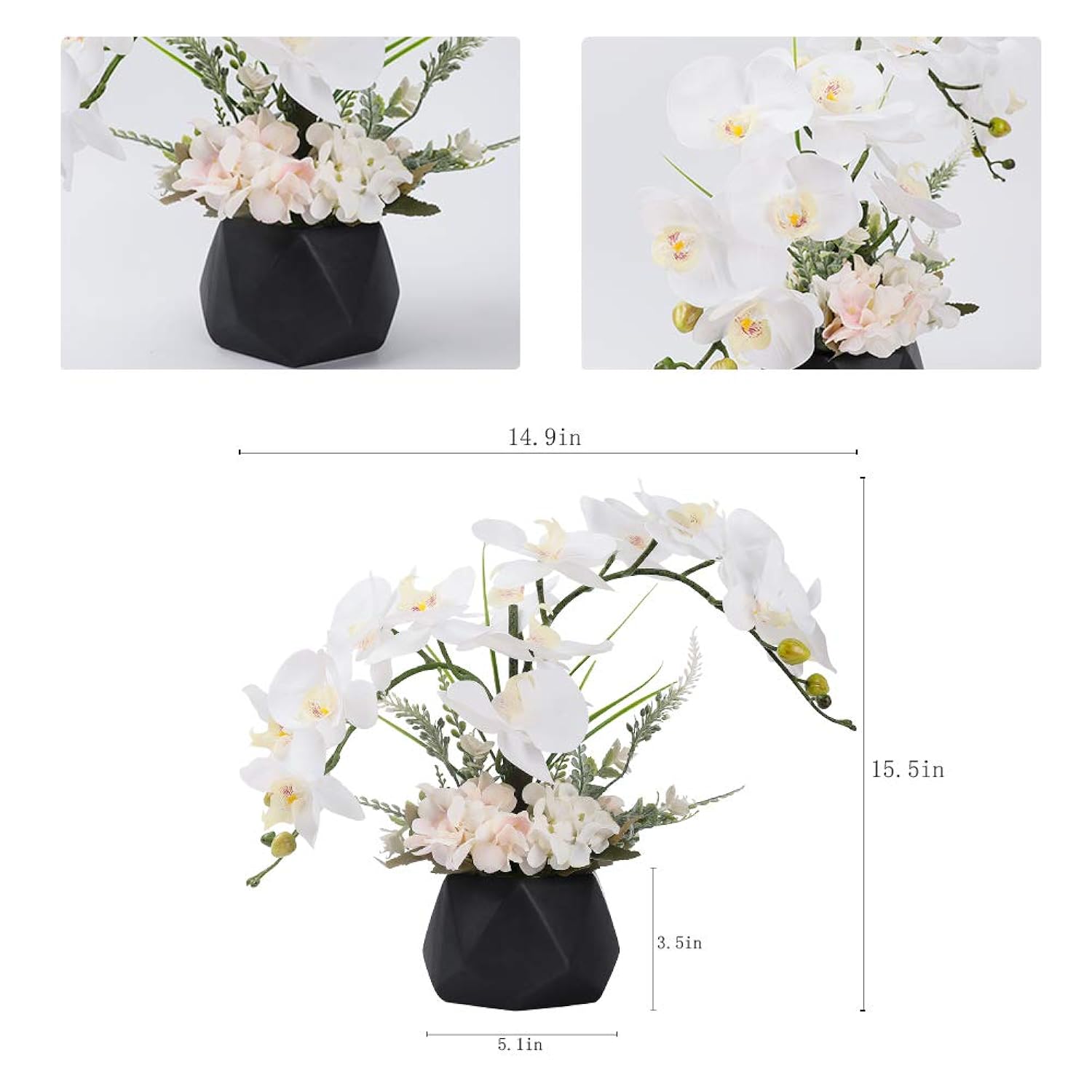 Artificial Potted Orchid Flower For Table Centerpieces,Real Touch White Fake Orchid Flowers In Vase For Home Decoration (Style 2,Black Vase)