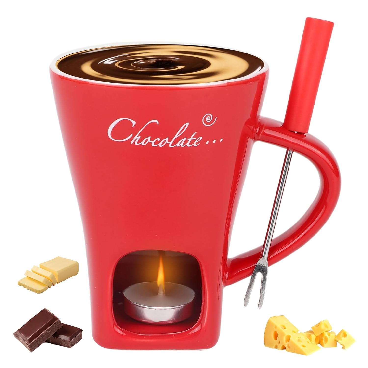 Chocolate Fondue Cup Set, Ceramic Sweet Melting Mug Tealight, Mini Fondue Pot Kit With Fork & Candle, Candy Warmer For Cheese Desserts Perfect For Date Nights Valentines Birthday Wedding Gift (Red)