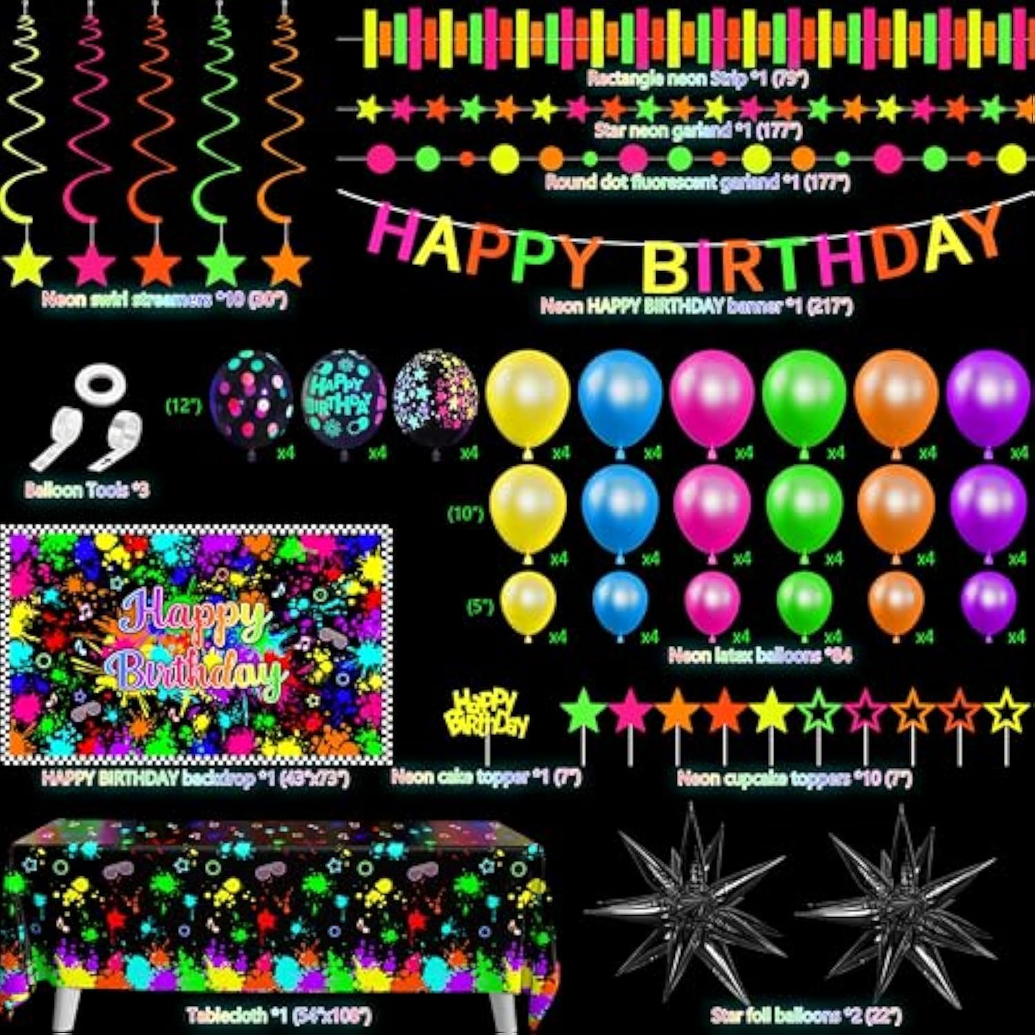 Neon Birthday Party Decoration Glow In The Dark Party Supplies Happy Birthday Backdrop Banner Neon Fluorescent Balloons Garland Arch Star Hanging Swirl Black Light Reactive Glow Tape Neon Streamer