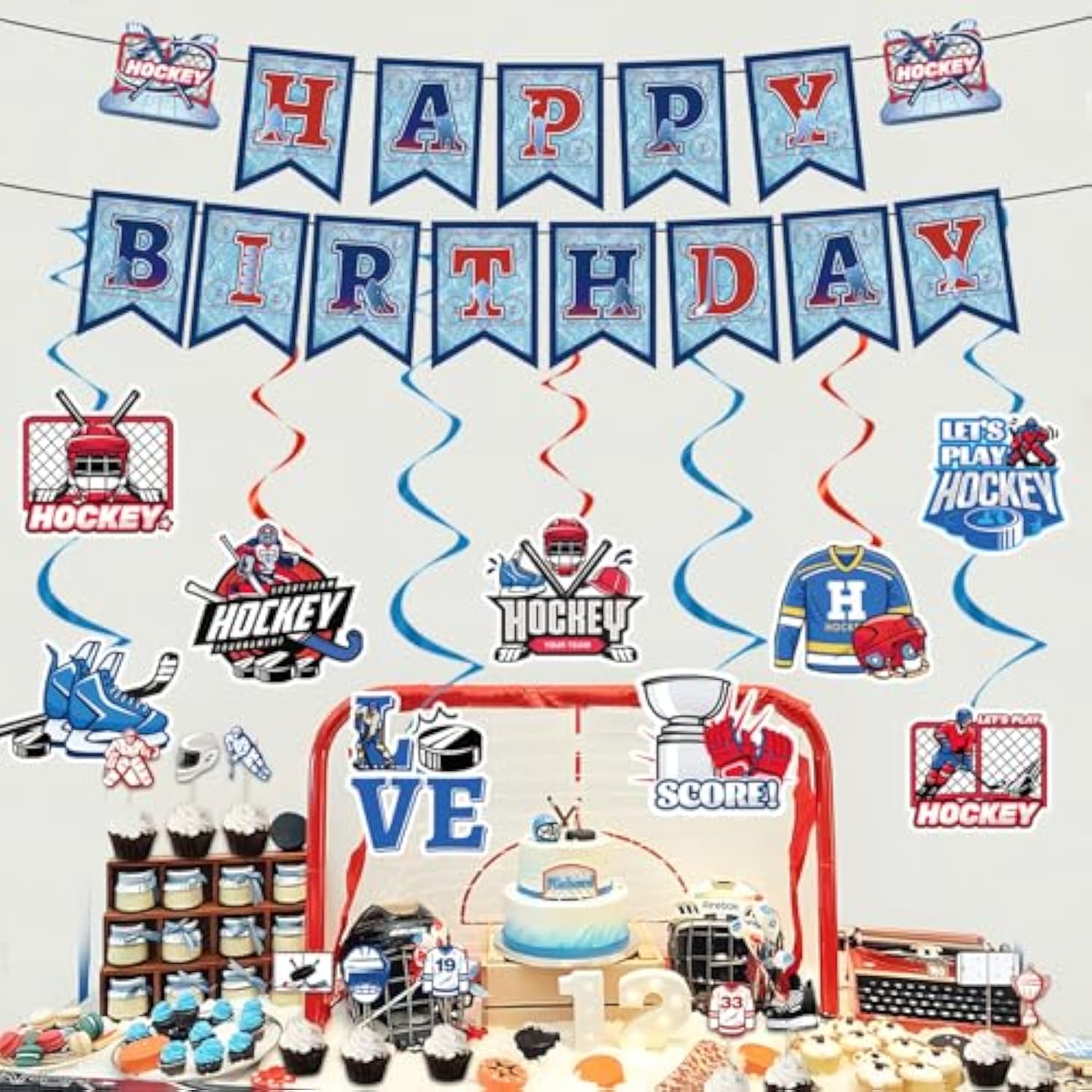 Hockey Birthday Party Decorations - 11Pcs Hockey Birthday Decorations Banner Hanging Swirls Game Day Game Time Sport Themed Party Decor Supplies For Kids Fans Boys
