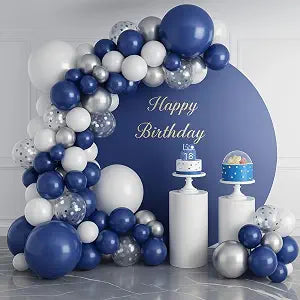 195 Piece Navy Blue Silver and White Balloon Arch Kit with Confetti Balloons for Party Decor