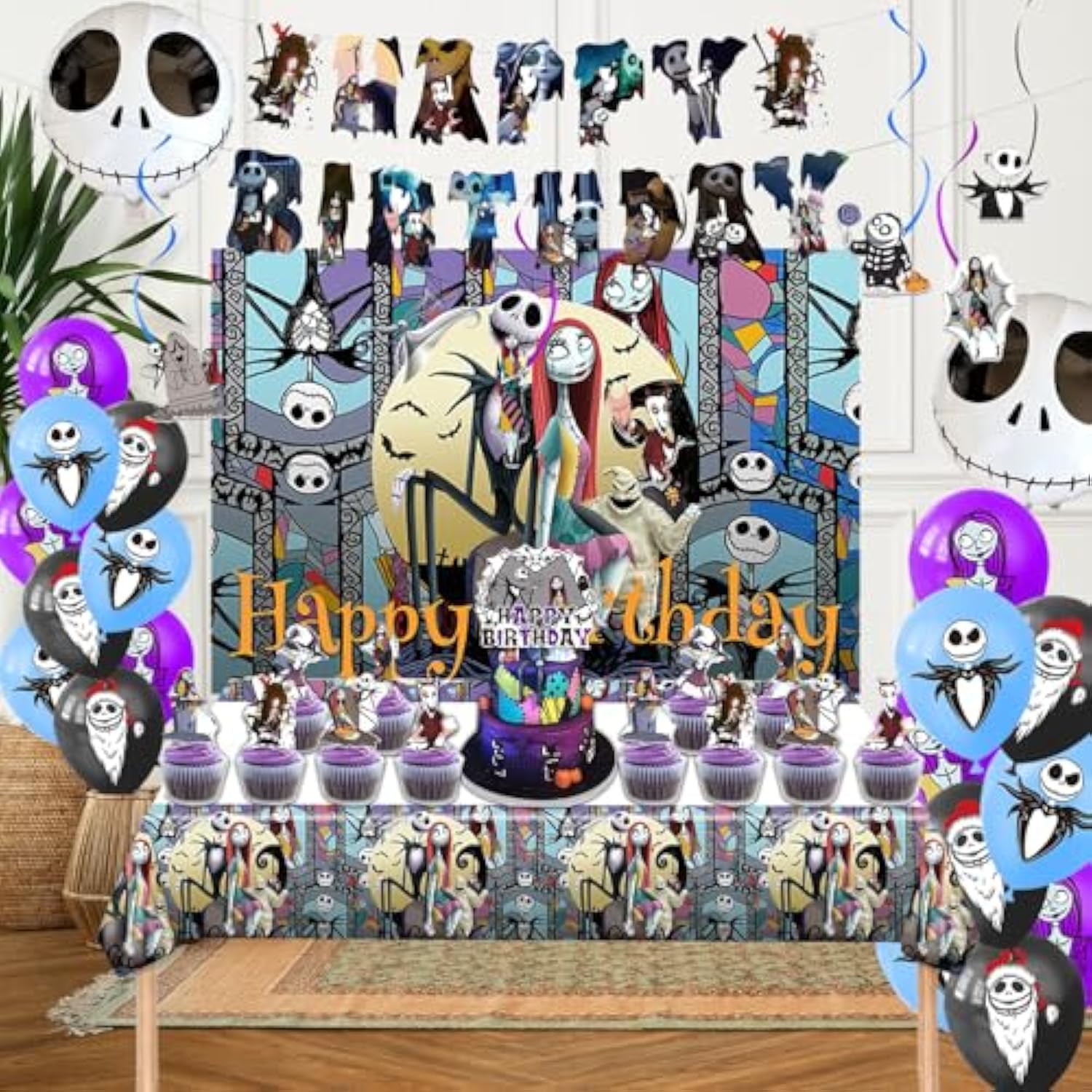 Birthday Decorations, Nightmare Christmas Party Supplies Halloween Birthday Party Decorations Set Includes Banner Balloons Tablecloth Backdrop Hanging Swirls Cake Toppers