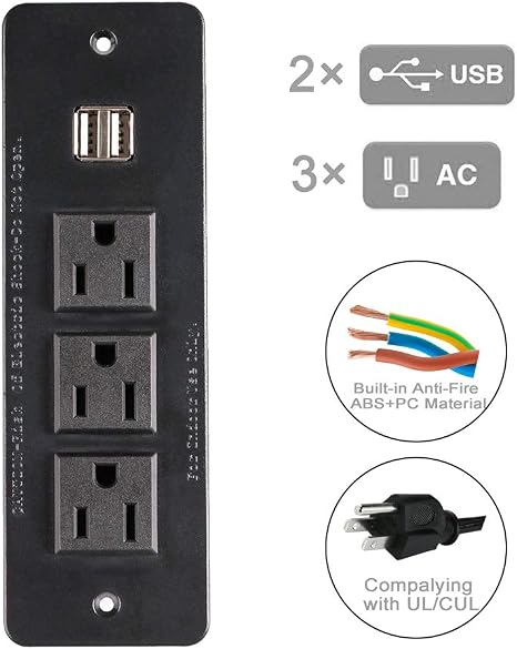 Recessed Conference Power Strip 3 Outlets 2 USB Ports 1875W 10 Ft Cord