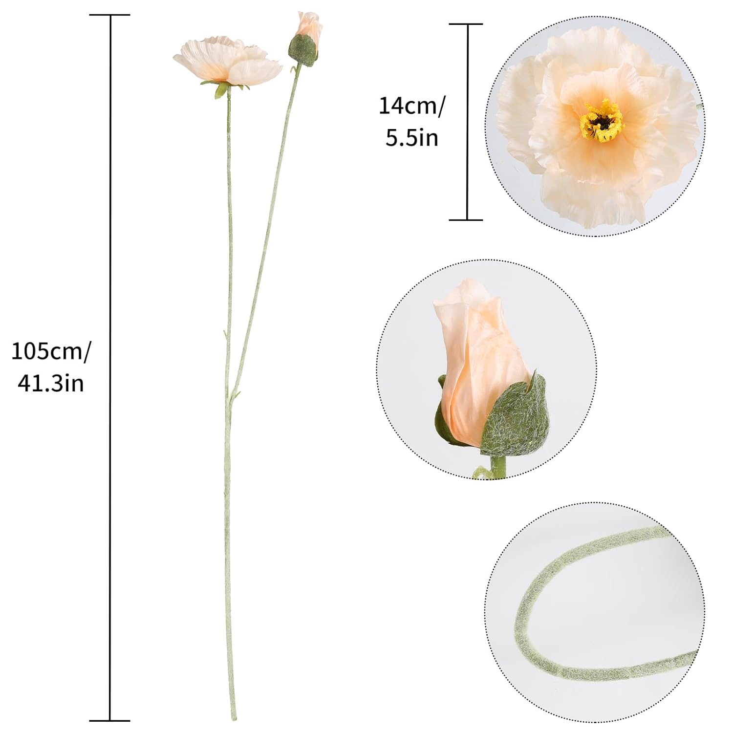 Poppy Silk Flowers,6Pcs Fake Poppy Flowers 41.3In Long Stem Poppies Flowers For Tall Vase Wedding Party Home Decor(Champagne)