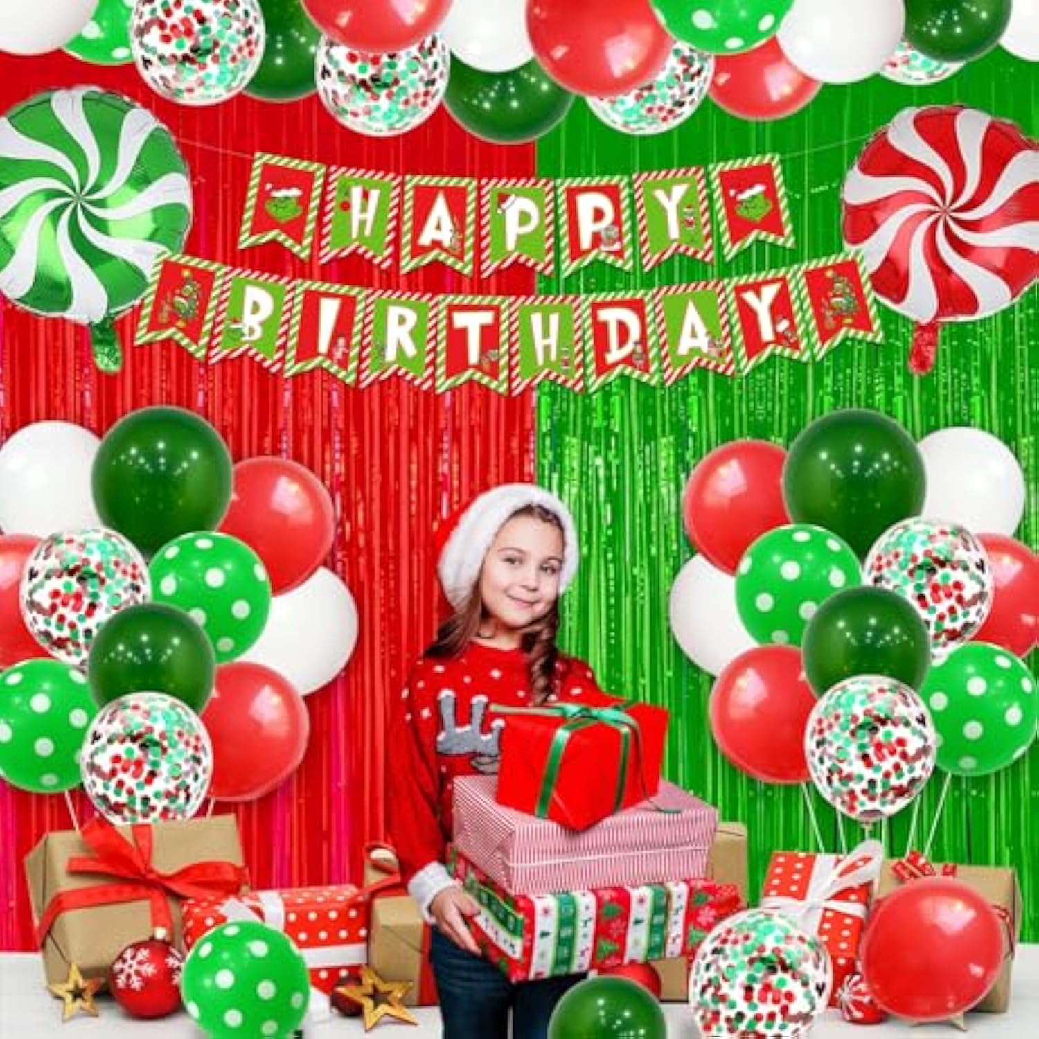 182Pcs Christmas Birthday Banner And Decorations - Green Monster Christmas Birthday Party Supplies With Bnaner, Paper Plates, Balloons, Tablecloth, Napkins, Forks Cups And Foil Curtains