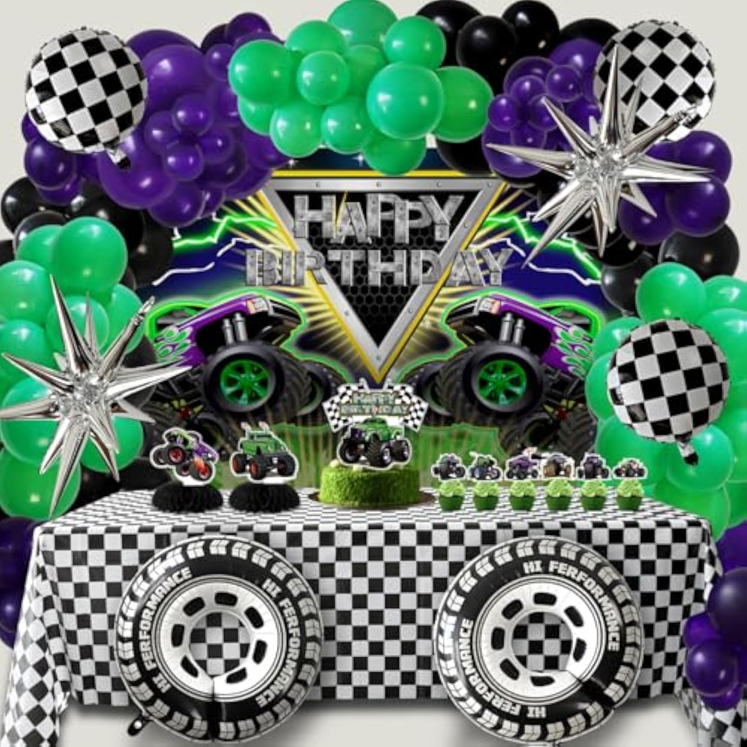 Monster Truck Birthday Party Decorations Racing Balloon Arch Kit Large Wheel Checkered Balloon Honeycomb Centerpieces Backdrop Tablecloth Cake Topper