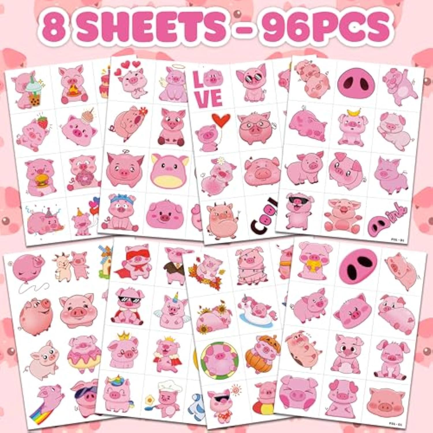 96 Pcs Pig Pre-Cut Temporary Tattoos For Kids | Super Cute Themed Birthday Party Favors, Supplies, Decorations, Cute Farm Animal Fake Tattoo Stickers, School Rewards Prizes & Gifts For Boys & Girls