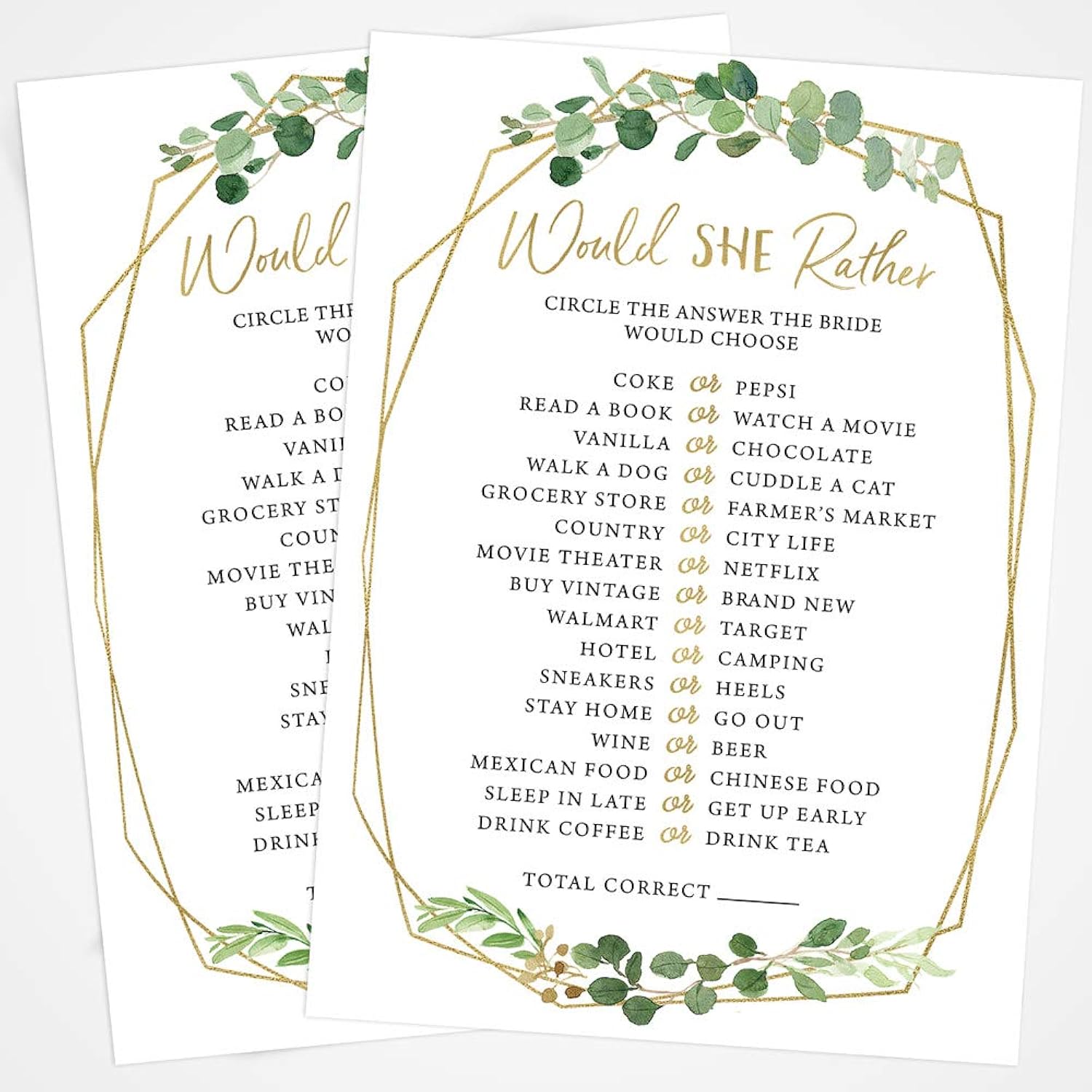 Bridal Shower Games – Would She Rather Game With Fun Bride-To-Be Trivia, Wedding Shower Activity, Botanical Greenery Theme, 50 Guests
